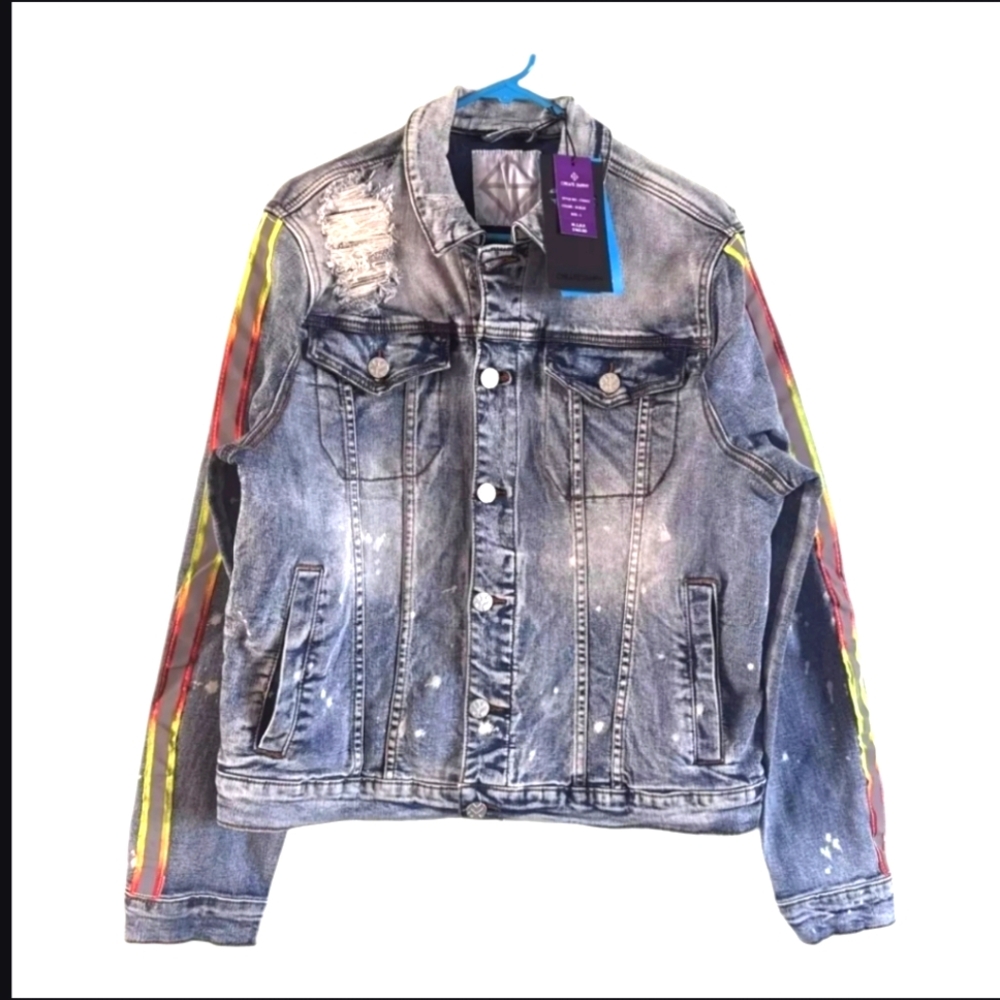Create 2mrw Stretch Denim Slim Fitted Distressed Spattered Neon Accent Jacket